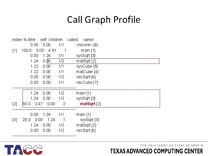 Call Graph Profile index % time self children called name 0. 00 1/1 <hicore>