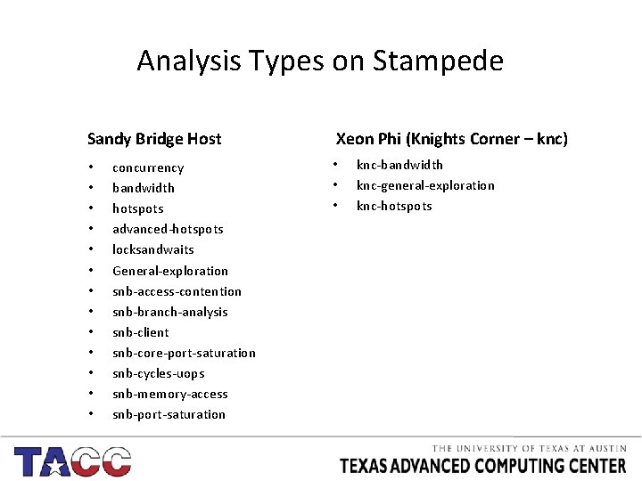 Analysis Types on Stampede Sandy Bridge Host • • • • concurrency bandwidth hotspots