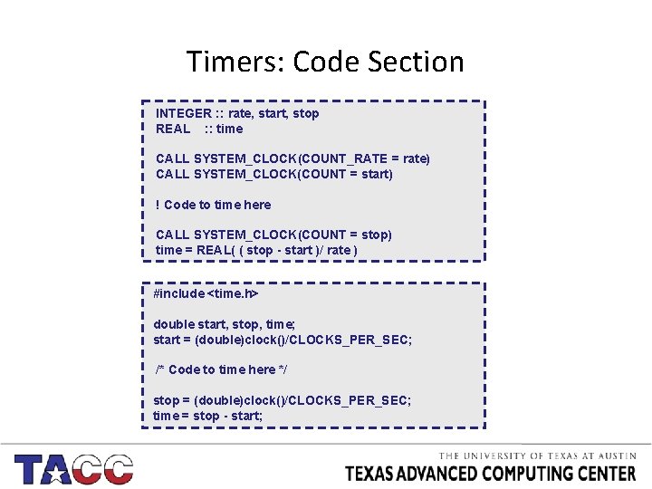 Timers: Code Section INTEGER : : rate, start, stop REAL : : time CALL