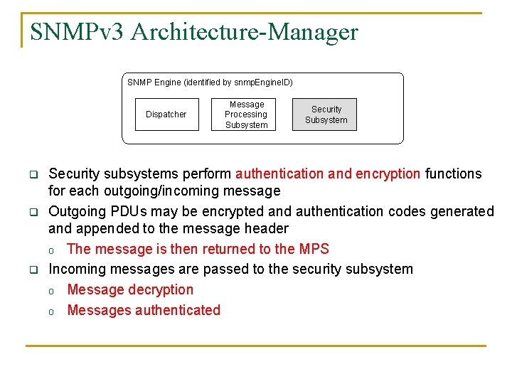 SNMPv 3 Architecture-Manager SNMP Engine (identified by snmp. Engine. ID) Dispatcher q q q