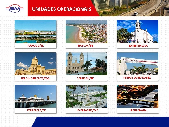 UNIDADES OPERACIONAIS ARACAJU/SE BAYEUX/PB BELO HORIZONTE/MG CARUARU/PE FORTALEZA/CE IMPERATRIZ/MA BARREIRAS/BA FEIRA E SANTANA/BA ITABUNA/BA