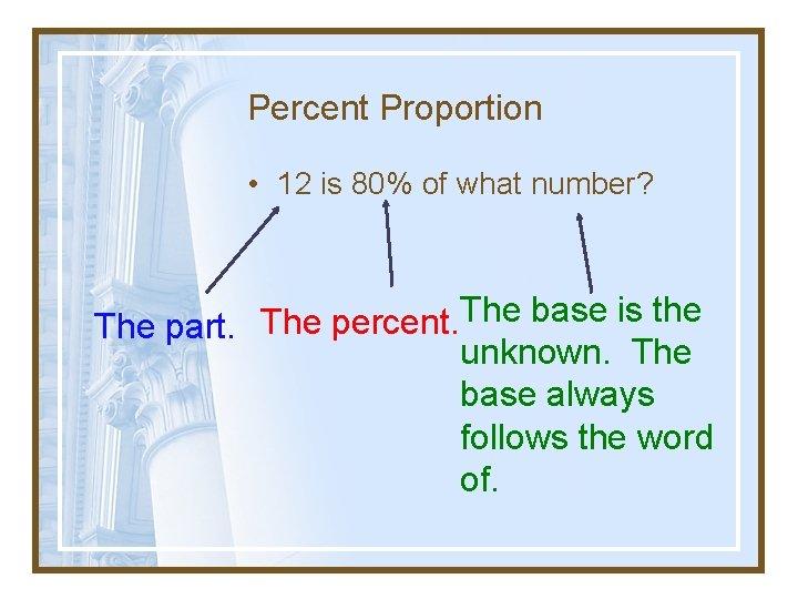 Percent Proportion • 12 is 80% of what number? The base is the The