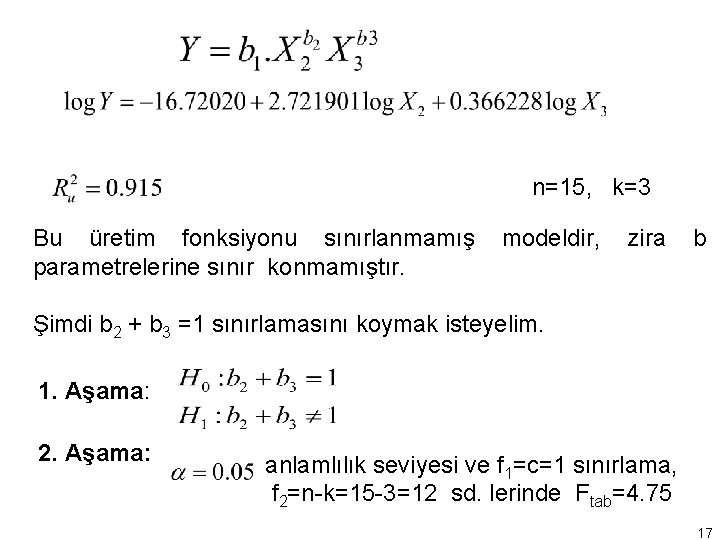n=15, k=3 Bu üretim fonksiyonu sınırlanmamış parametrelerine sınır konmamıştır. modeldir, zira b Şimdi b