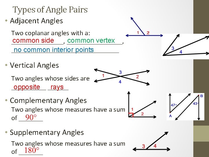 Types of Angle Pairs • Adjacent Angles Two coplanar angles with a: common side