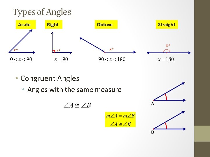 Types of Angles Acute Right Obtuse • Congruent Angles • Angles with the same