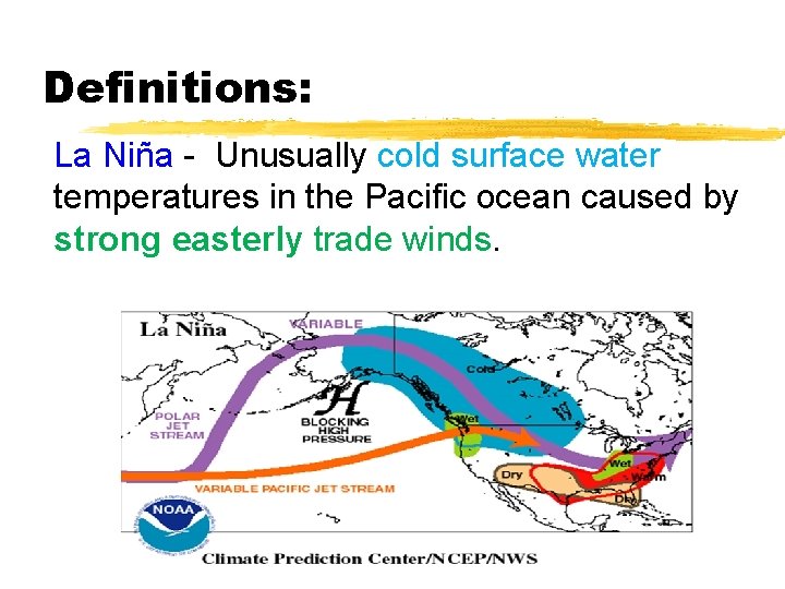 Definitions: La Niña - Unusually cold surface water temperatures in the Pacific ocean caused