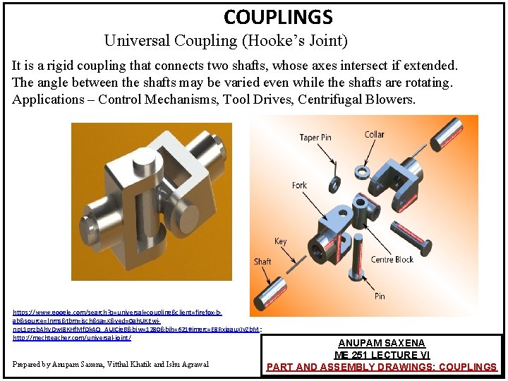 COUPLINGS Universal Coupling (Hooke’s Joint) It is a rigid coupling that connects two shafts,