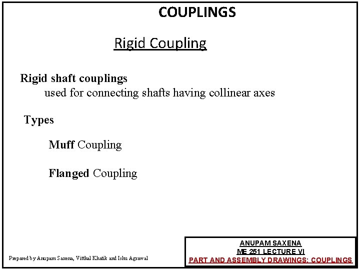 COUPLINGS Rigid Coupling Rigid shaft couplings used for connecting shafts having collinear axes Types