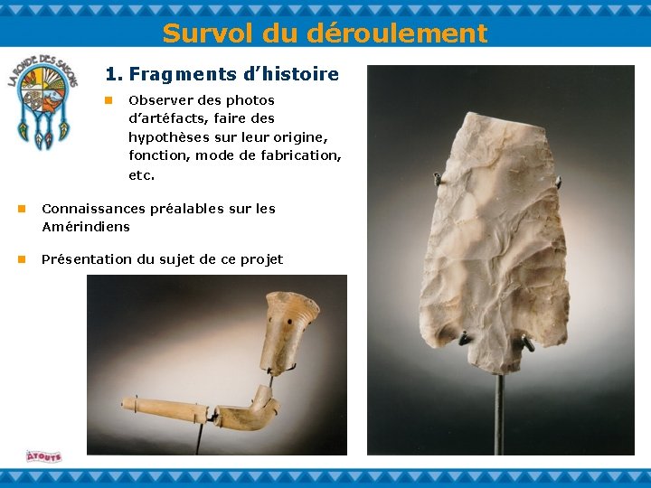 Survol du déroulement 1. Fragments d’histoire n Observer des photos d’artéfacts, faire des hypothèses