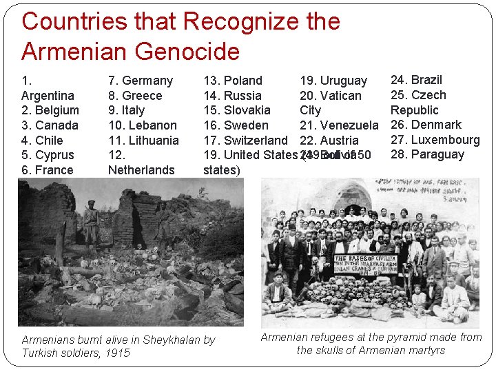 Countries that Recognize the Armenian Genocide 1. Argentina 2. Belgium 3. Canada 4. Chile
