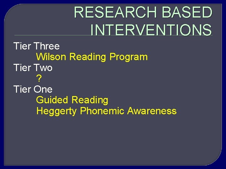 RESEARCH BASED INTERVENTIONS Tier Three Wilson Reading Program Tier Two ? Tier One Guided