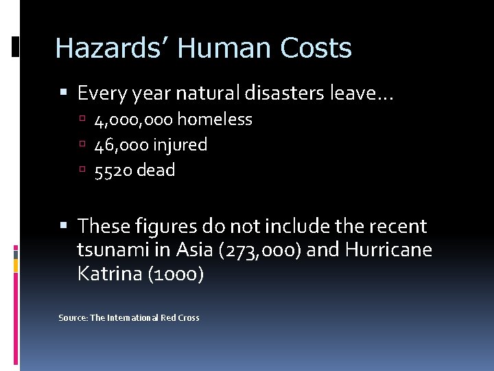 Hazards’ Human Costs Every year natural disasters leave… 4, 000 homeless 46, 000 injured