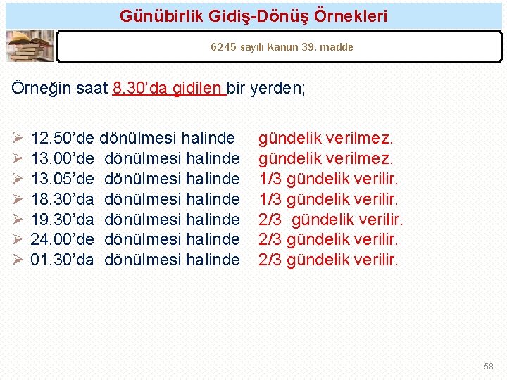 Günübirlik Gidiş-Dönüş Örnekleri 6245 sayılı Kanun 39. madde Örneğin saat 8. 30’da gidilen bir