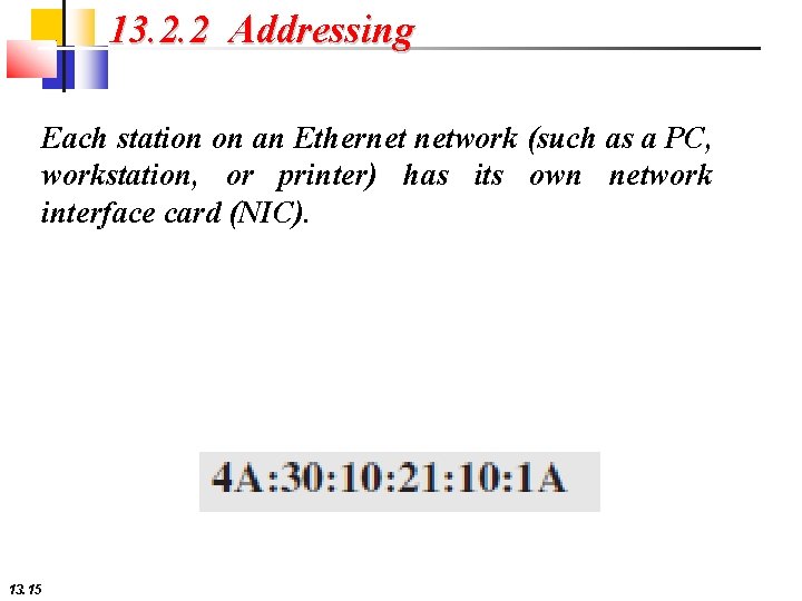 13. 2. 2 Addressing Each station on an Ethernet network (such as a PC,