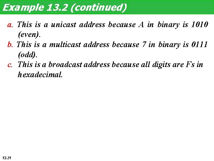Example 13. 2 (continued) a. This is a unicast address because A in binary