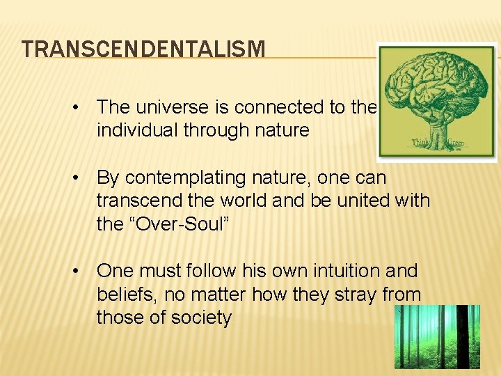 TRANSCENDENTALISM • The universe is connected to the individual through nature • By contemplating