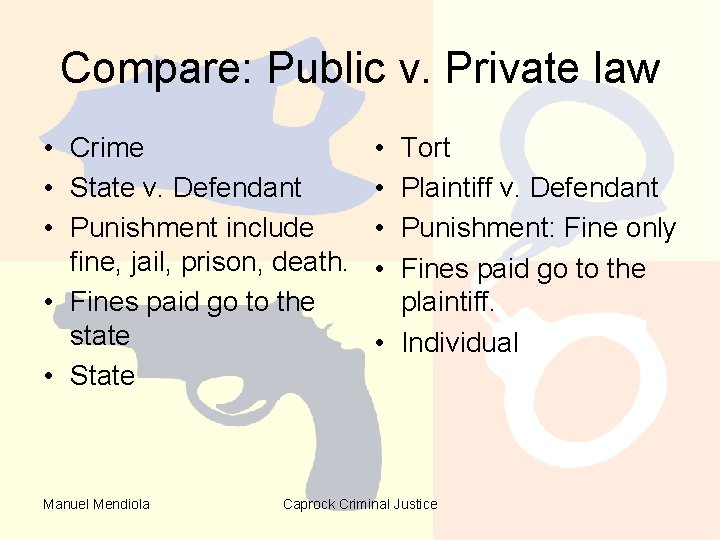 Compare: Public v. Private law • Crime • State v. Defendant • Punishment include Compare: Public v. Private law • Crime • State v. Defendant • Punishment include