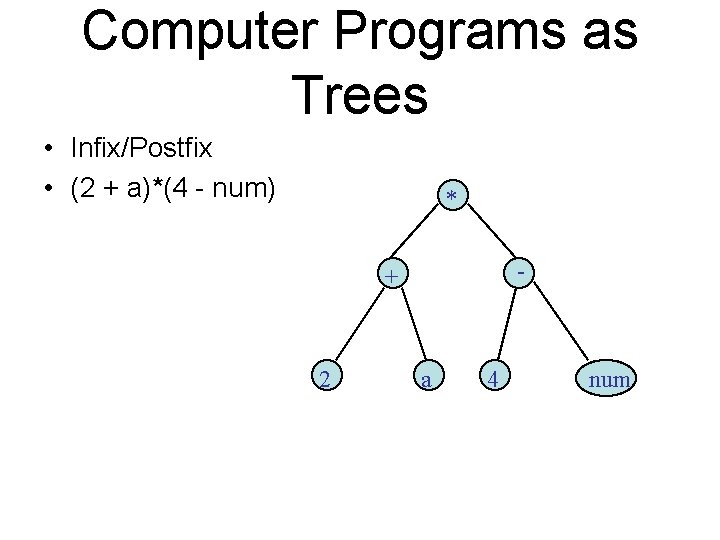 Computer Programs as Trees • Infix/Postfix • (2 + a)*(4 - num) * -