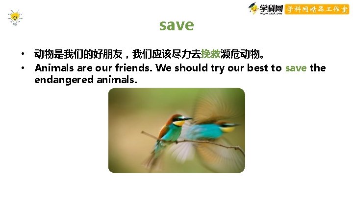 save • 动物是我们的好朋友,我们应该尽力去挽救濒危动物。 • Animals are our friends. We should try our best to save • 动物是我们的好朋友,我们应该尽力去挽救濒危动物。 • Animals are our friends. We should try our best to