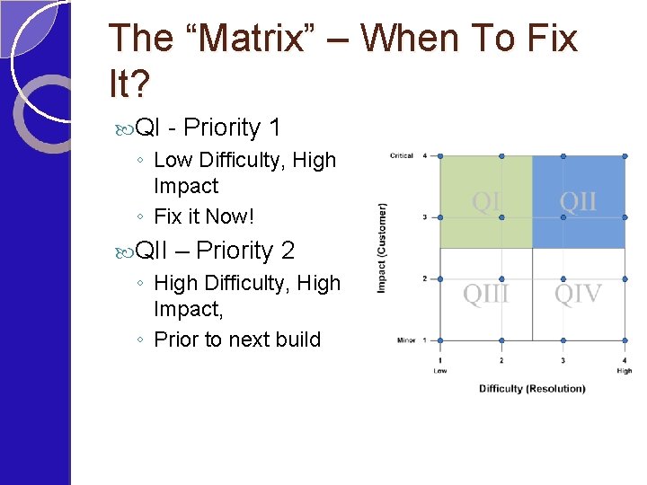 The “Matrix” – When To Fix It? QI - Priority 1 ◦ Low Difficulty,