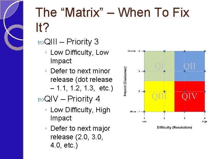 The “Matrix” – When To Fix It? QIII – Priority 3 ◦ Low Difficulty,