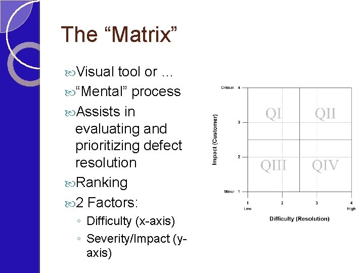 The “Matrix” Visual tool or … “Mental” process Assists in evaluating and prioritizing defect