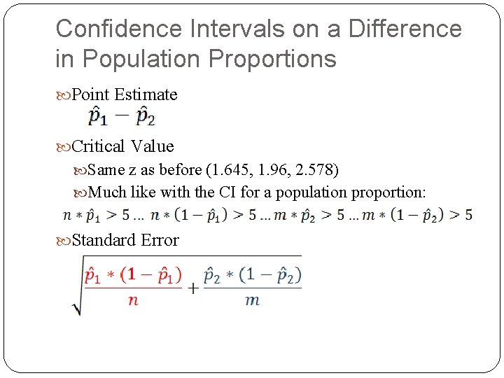 Confidence Intervals on a Difference in Population Proportions Point Estimate Critical Value Same z