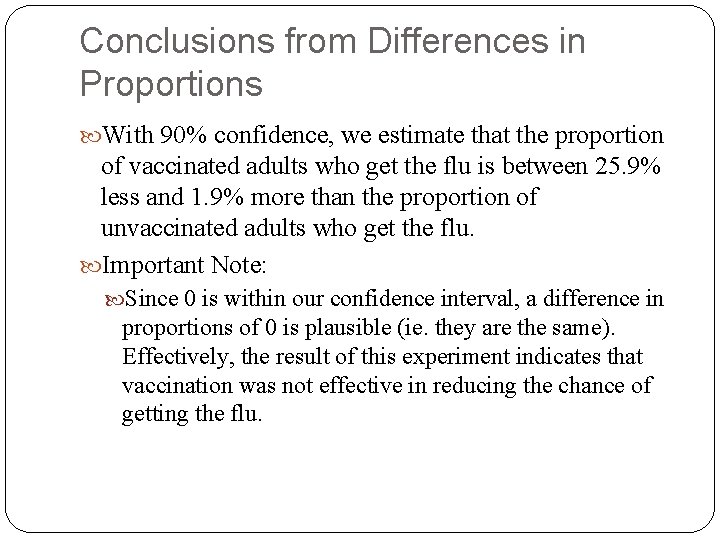 Conclusions from Differences in Proportions With 90% confidence, we estimate that the proportion of