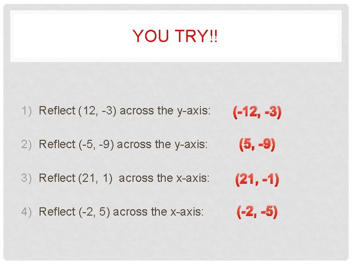 YOU TRY!! 1) Reflect (12, -3) across the y-axis: (-12, -3) 2) Reflect (-5,