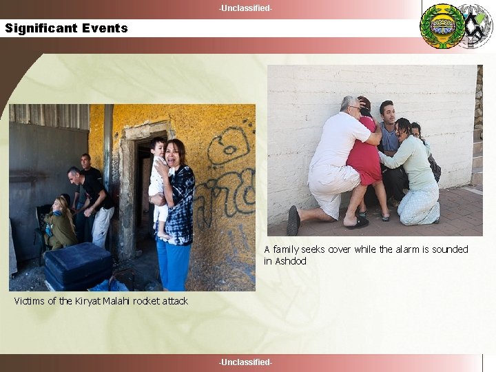 -Unclassified- Significant Events A family seeks cover while the alarm is sounded in Ashdod