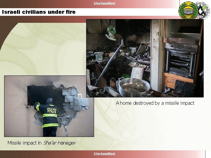-Unclassified- Israeli civilians under fire A home destroyed by a missile impact Missile impact