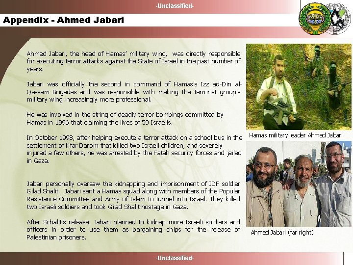 -Unclassified- Appendix - Ahmed Jabari, the head of Hamas’ military wing, was directly responsible
