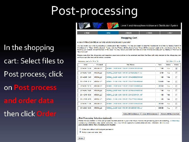Post-processing In the shopping cart: Select files to Post process; click on Post process