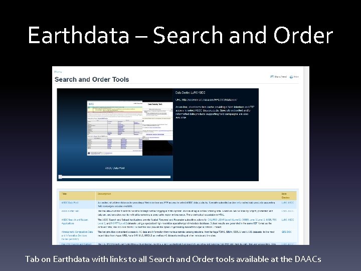 Earthdata – Search and Order Tab on Earthdata with links to all Search and
