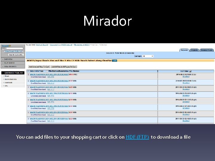 Mirador You can add files to your shopping cart or click on HDF (FTP)