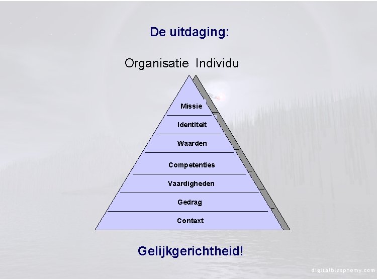 De uitdaging: Organisatie Individu Missie Identiteit Waarden Competenties Vaardigheden Gedrag Context Gelijkgerichtheid! 