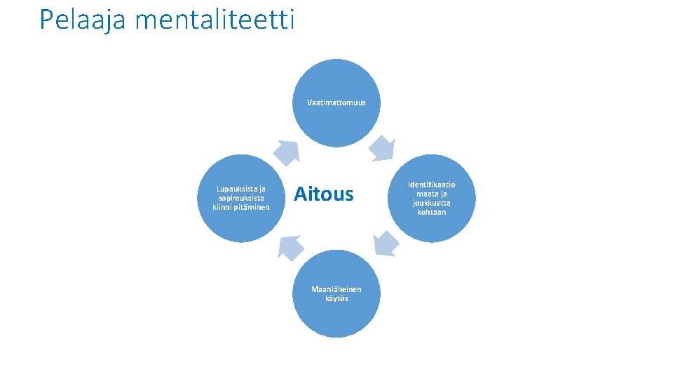 Pelaaja mentaliteetti Vaatimattomuus Lupauksista ja sopimuksista kiinni pitäminen Aitous Maanläheinen käytös Identifikaatio maata ja