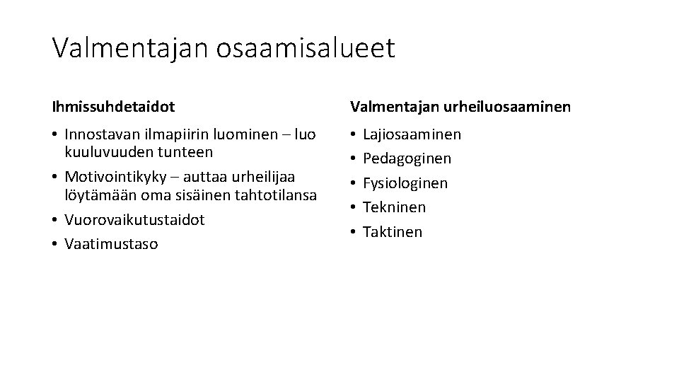 Valmentajan osaamisalueet Ihmissuhdetaidot Valmentajan urheiluosaaminen • Innostavan ilmapiirin luominen – luo kuuluvuuden tunteen •