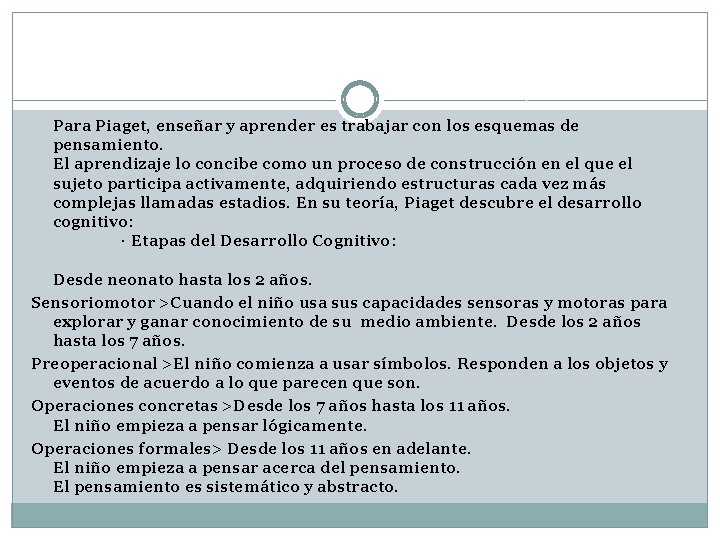 Para Piaget, enseñar y aprender es trabajar con los esquemas de pensamiento. El aprendizaje