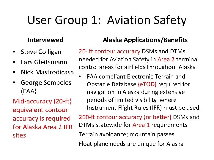 User Group 1: Aviation Safety Interviewed Steve Colligan Lars Gleitsmann Nick Mastrodicasa George Sempeles