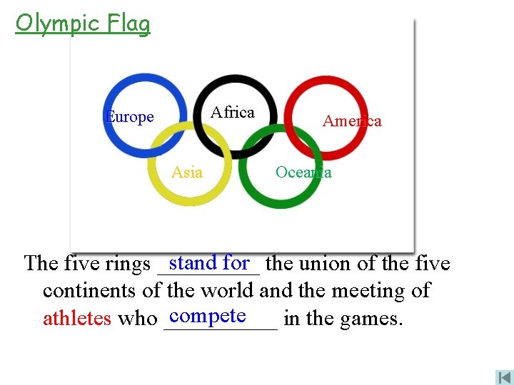 Olympic Flag Africa Europe Asia America Oceania stand for The five rings _____ the