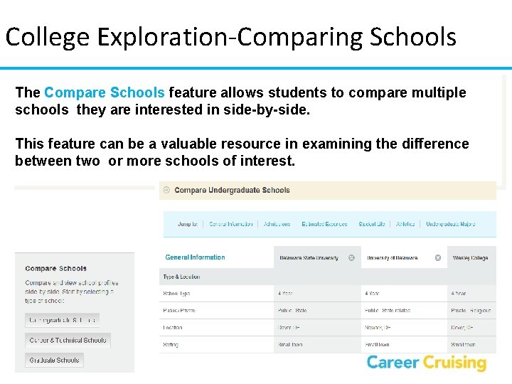 College Exploration-Comparing Schools The Compare Schools feature allows students to compare multiple schools they