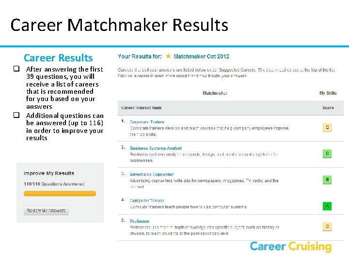 Career Matchmaker Results Career Results q After answering the first 39 questions, you will