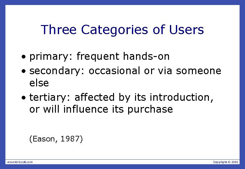 Three Categories of Users • primary: frequent hands-on • secondary: occasional or via someone