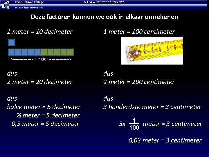NASK – METRISCH STELSEL Deze factoren kunnen we ook in elkaar omrekenen 1 meter
