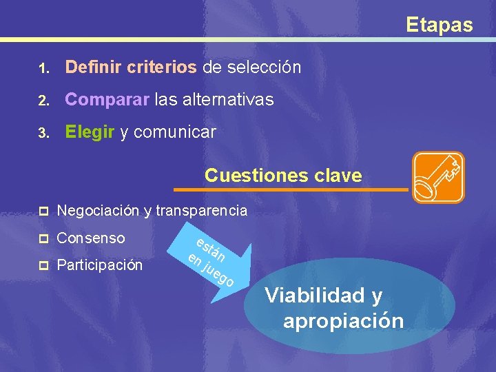 Etapas 1. Definir criterios de selección 2. Comparar las alternativas 3. Elegir y comunicar