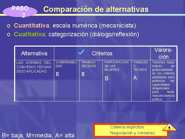 PASO 2 Comparación de alternativas o Cuantitativa: escala numérica (mecanicista) o Cualitativa: categorización (diálogo/reflexión)