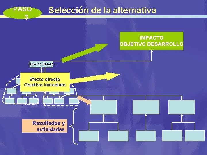 PASO 3 Selección de la alternativa IMPACTO OBJETIVO DESARROLLO Situación deseada Efecto directo Objetivo