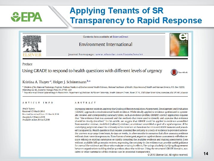 Applying Tenants of SR Transparency to Rapid Response 14 Applying Tenants of SR Transparency to Rapid Response 14