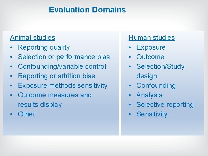 Evaluation Domains Animal studies • Reporting quality • Selection or performance bias • Confounding/variable Evaluation Domains Animal studies • Reporting quality • Selection or performance bias • Confounding/variable